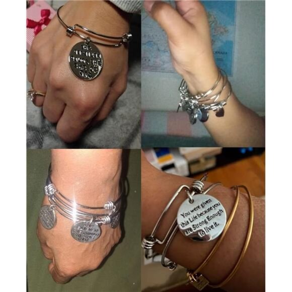 Women Inspirational Bracelet Set 3 Pack Engraved Motivational Adjustable Silver - Picture 6 of 8